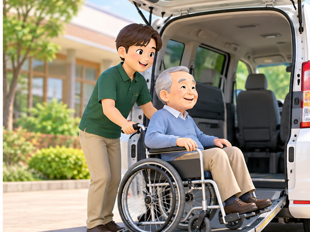 車椅子の利用者と支援者が車両のそばにいる介護タクシーのイメージ（準備中）