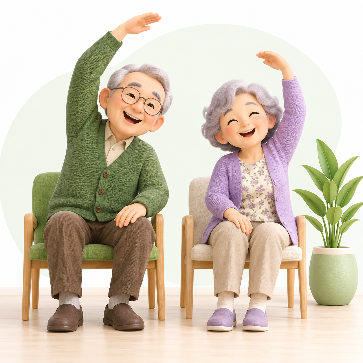 笑顔で仲良くシニアストレッチ：椅子に座って体操する高齢の男女の3Dイラスト
