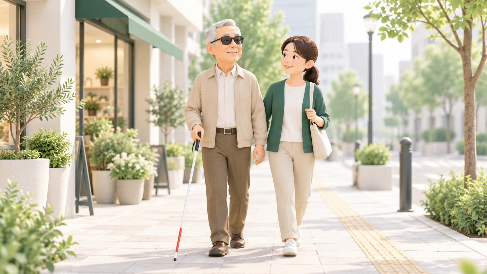 白杖を使用する利用者と支援者が外出している同行援護のイメージ