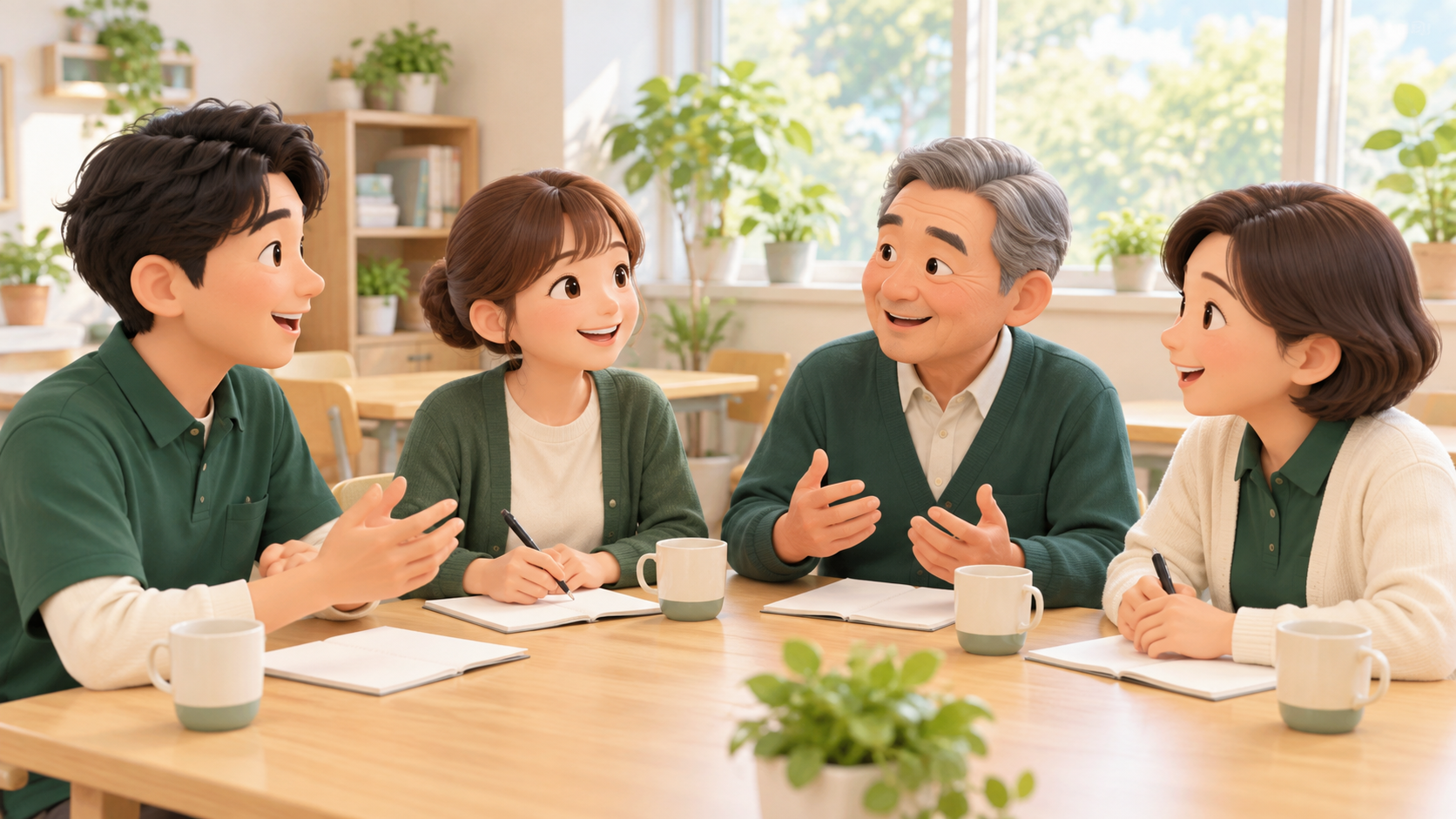 多世代のスタッフが穏やかに話し合う職場のイメージ（3Dイラスト）